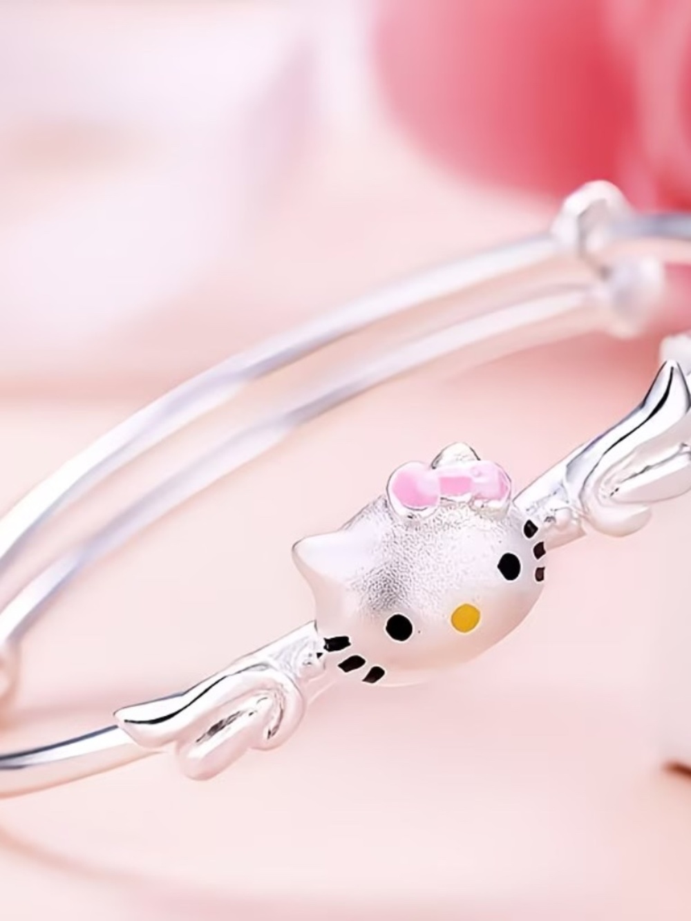 Hello Kitty Silver Bangle Bracelet Pink Bow Cute Kawaii Jewelry Gift